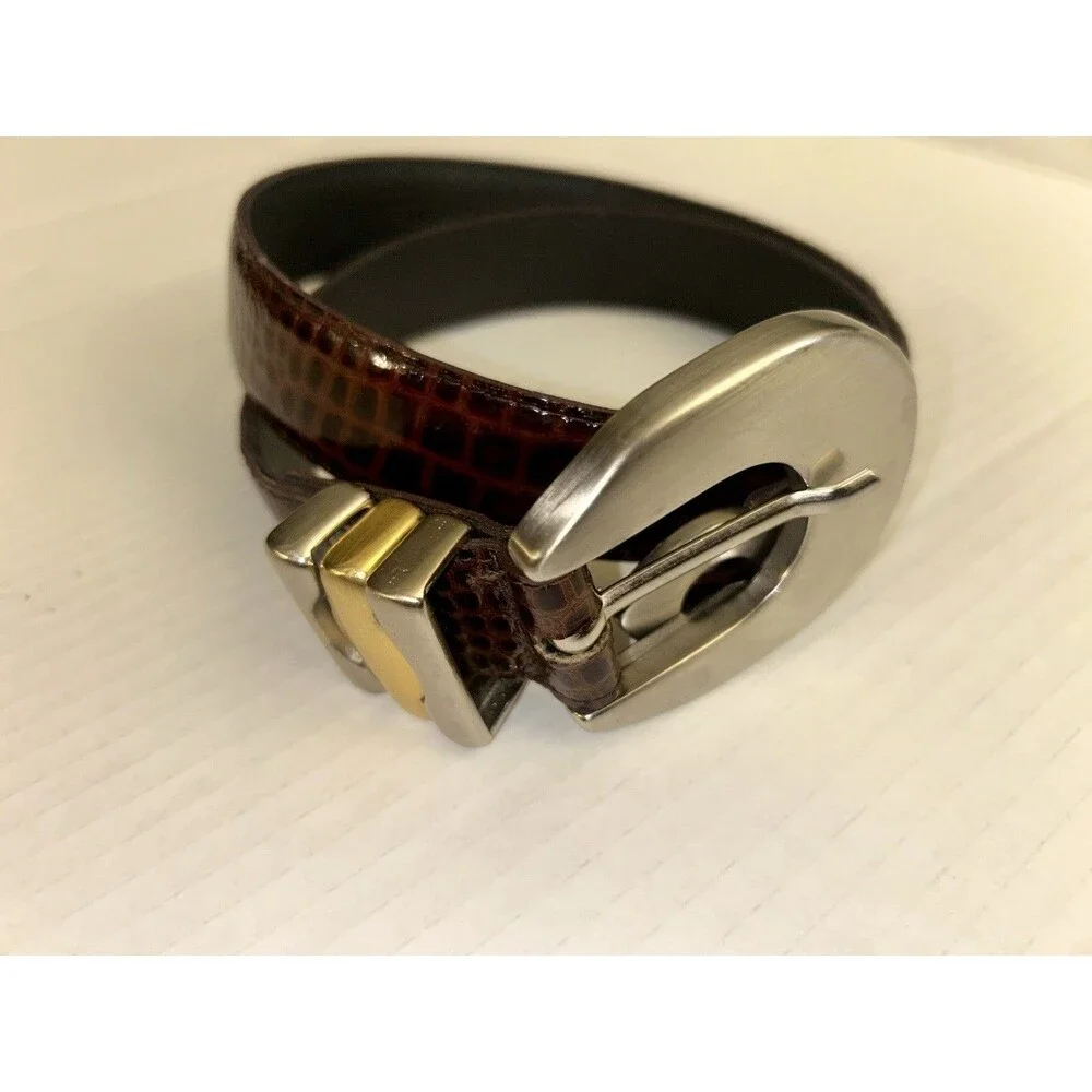 Woman Brown Leather Belt With Crocodile Embossed Texture With Nickel Buckle S/M